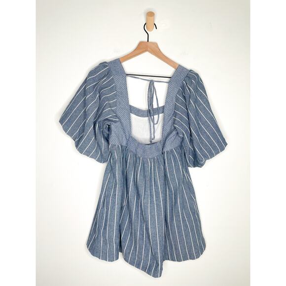Free People Gigi Stripe Tunic Top Size XS Blue Puff Sleeve Blouse - Picture 9 of 11